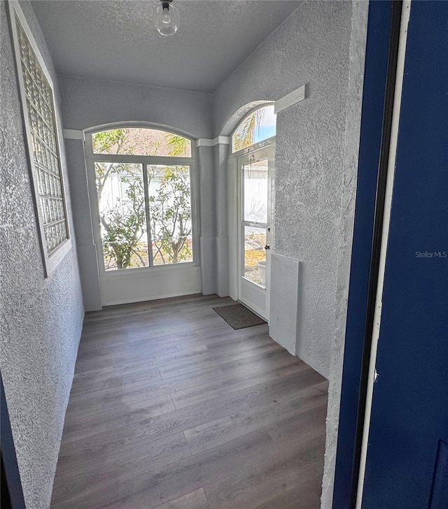 interior space featuring wood-type flooring and a textured ceiling