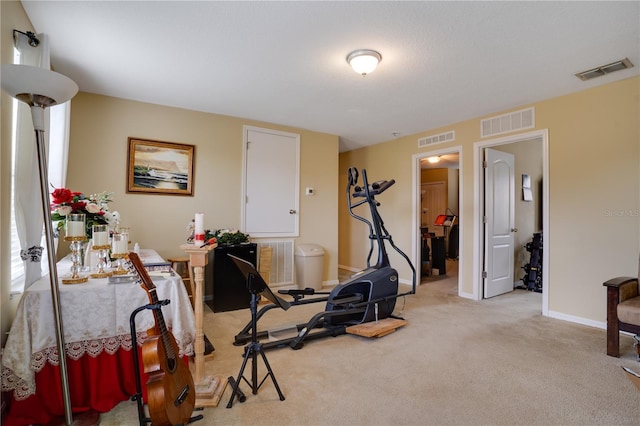 exercise room featuring light carpet