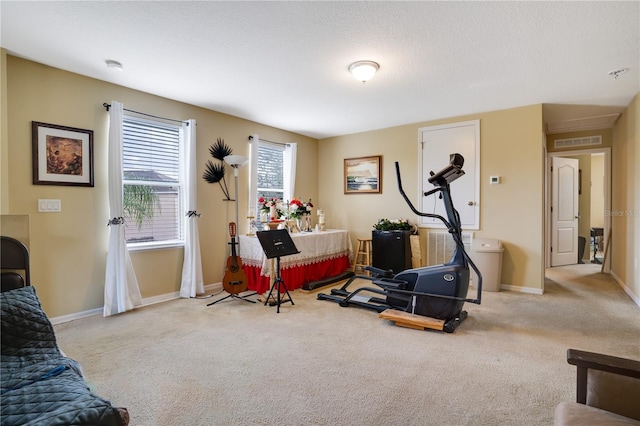 workout area featuring light carpet and a textured ceiling