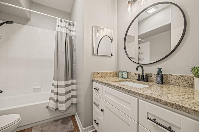 full bathroom with vanity, toilet, and shower / bathtub combination with curtain