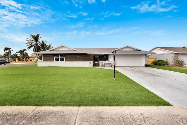 ranch-style house with a front yard and a garage