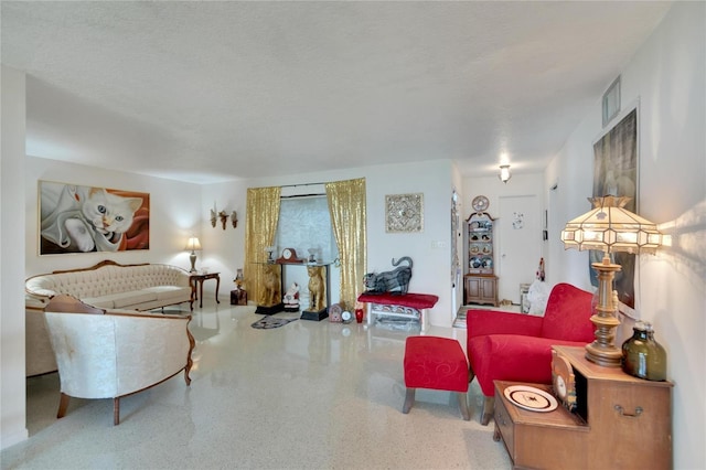 living room featuring a textured ceiling