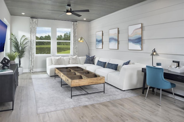 17390 Moonflower Dr Unit 102, Venice, FL 34293 - living area with wooden ceiling, a ceiling fan, wood finished floors, baseboards, and recessed lighting