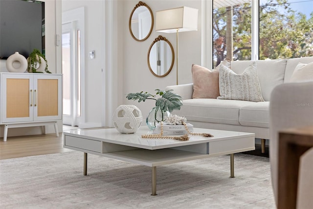 living room featuring a wealth of natural light and light hardwood / wood-style floors