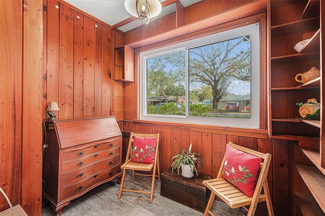 living area featuring wooden walls