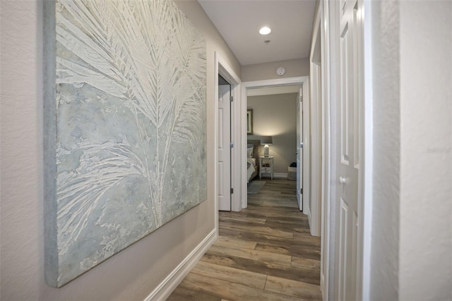 hallway with dark wood-type flooring