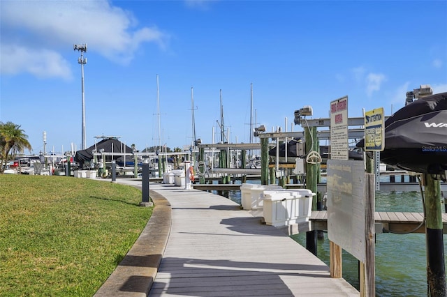 dock area featuring a water view and a yard