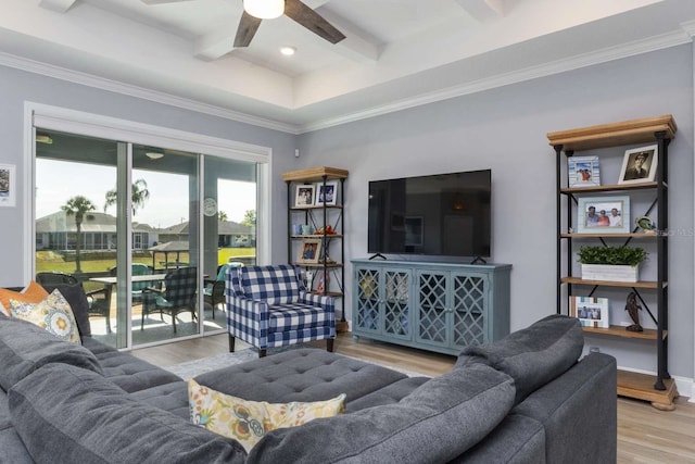 living room with coffered ceiling, ceiling fan, crown molding, beam ceiling, and light hardwood / wood-style floors