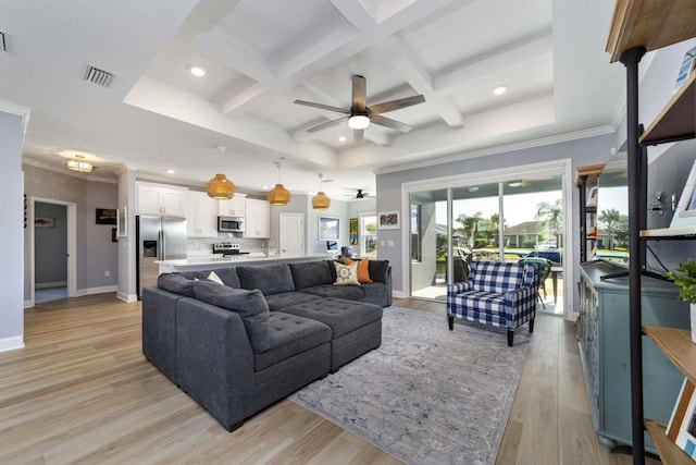 living room with light wood-type flooring, ceiling fan, and coffered ceiling