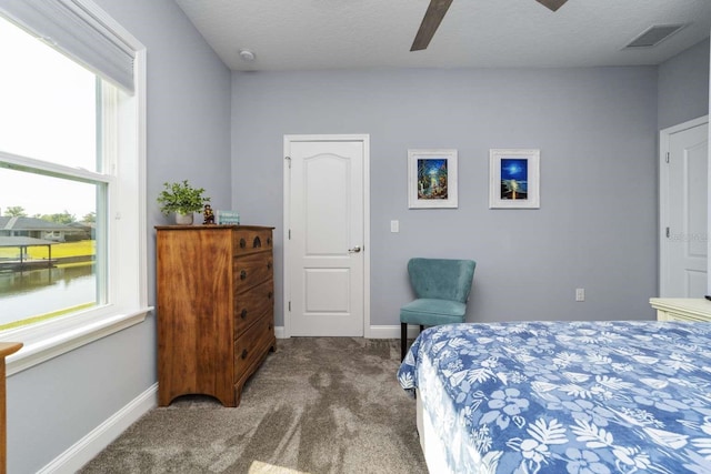 bedroom with multiple windows, ceiling fan, and carpet