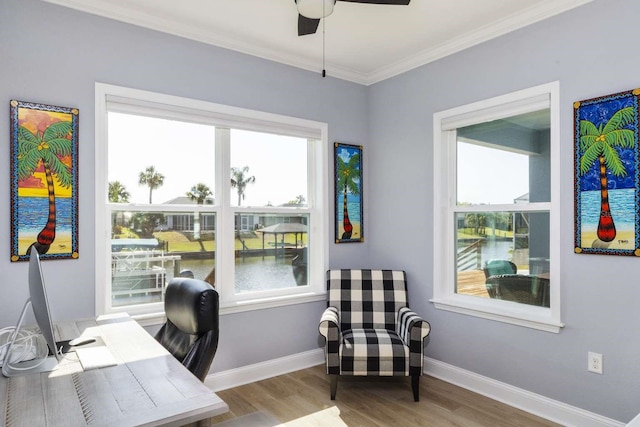 office space with light wood-type flooring, ceiling fan, and ornamental molding