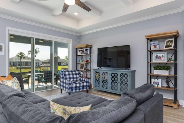 15 Cold Spring Ct, Palm Coast, FL 32137 - living area with wood finished floors, ceiling fan, beam ceiling, coffered ceiling, and crown molding