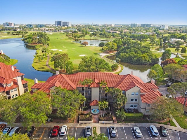 bird's eye view with a water view