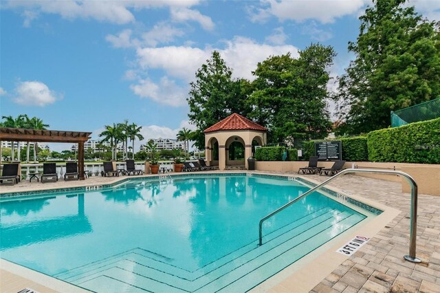 view of pool featuring a gazebo and a patio area