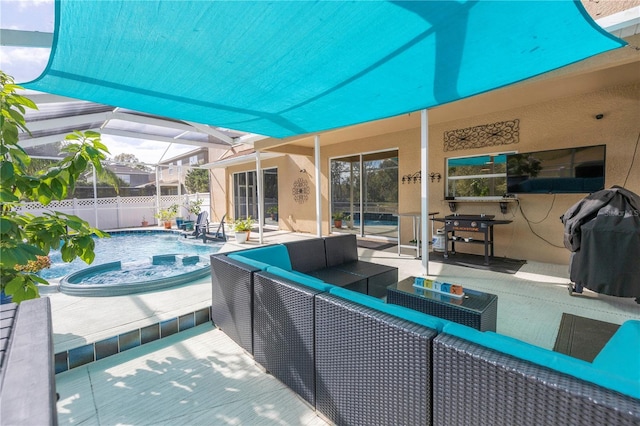 view of patio / terrace with a swimming pool with hot tub, glass enclosure, and a grill