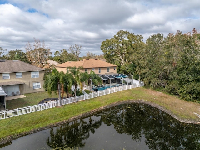 drone / aerial view featuring a water view