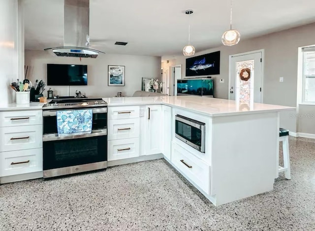 kitchen featuring hanging light fixtures, white cabinetry, island range hood, kitchen peninsula, and stainless steel appliances