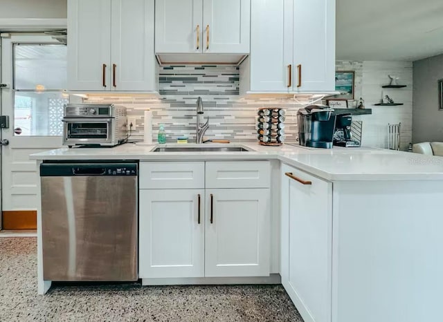 kitchen with tasteful backsplash, white cabinetry, sink, and stainless steel dishwasher