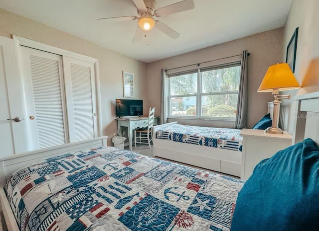 bedroom featuring ceiling fan and a closet