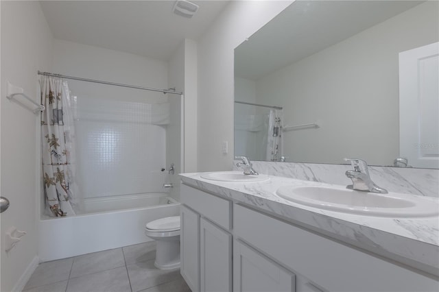 full bathroom with toilet, shower / tub combo, tile patterned flooring, and vanity