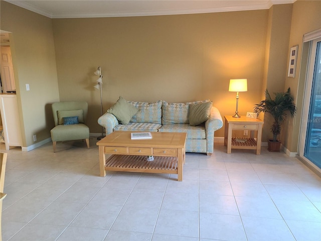 tiled living room featuring crown molding