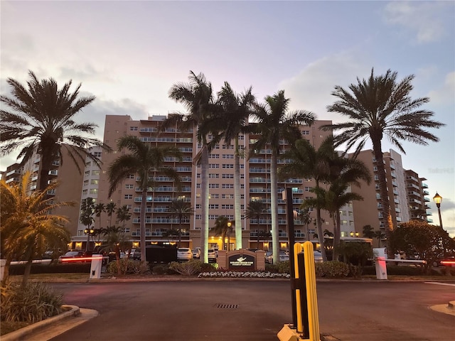 view of outdoor building at dusk