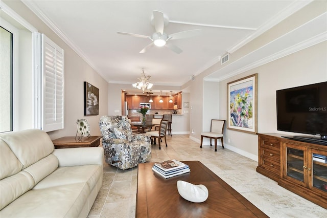 living room with crown molding and ceiling fan with notable chandelier