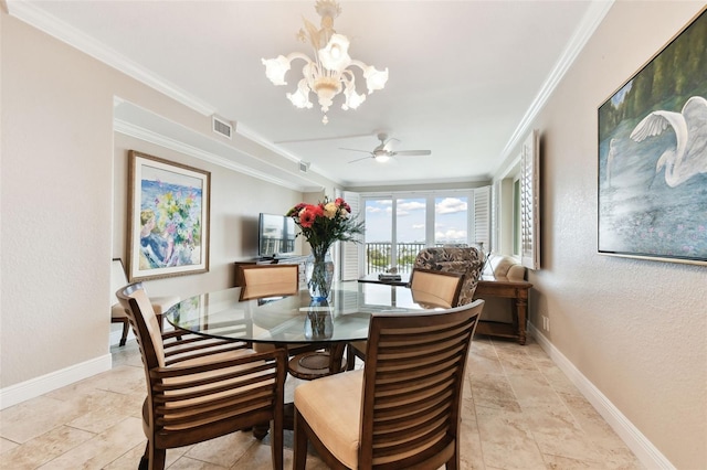 dining room with crown molding and ceiling fan with notable chandelier