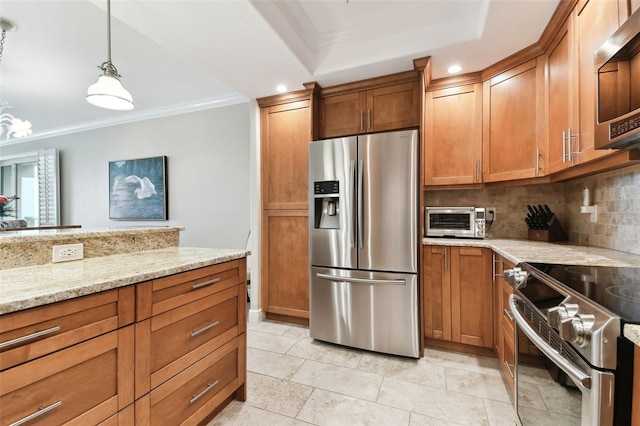 kitchen featuring hanging light fixtures, ornamental molding, stainless steel appliances, light stone countertops, and backsplash