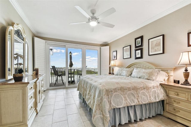 bedroom featuring crown molding, ceiling fan, light tile patterned floors, and access to outside