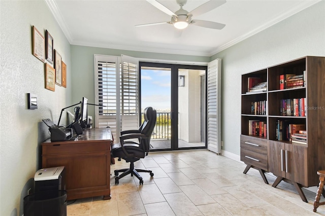 office area featuring crown molding, ceiling fan, and french doors