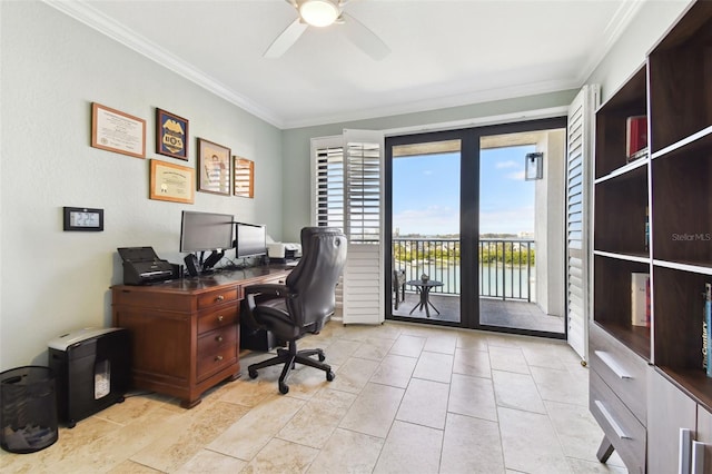 home office featuring ornamental molding and ceiling fan