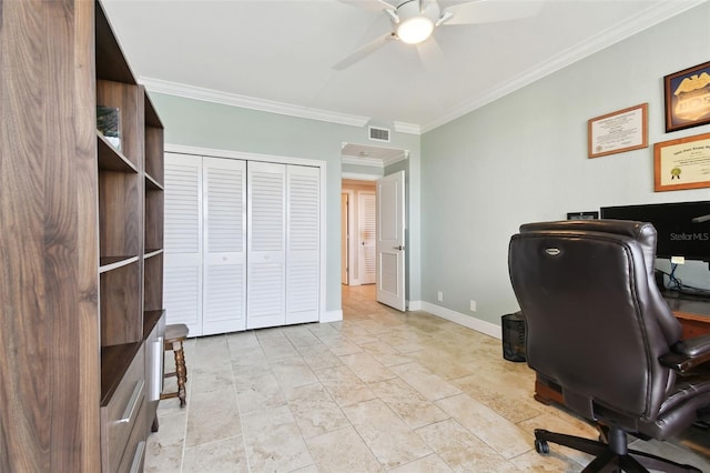 office space with crown molding and ceiling fan