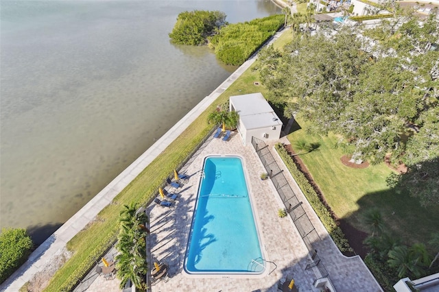 birds eye view of property featuring a water view