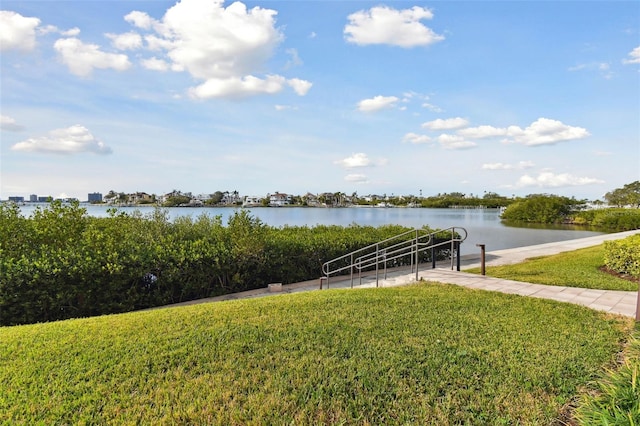 view of yard with a water view