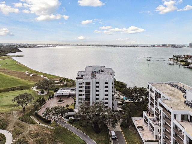 drone / aerial view with a water view