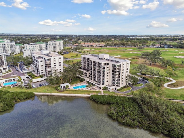 bird's eye view with a water view