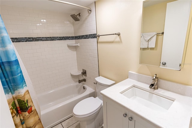 full bathroom with tile patterned flooring, shower / bath combination with curtain, vanity, and toilet