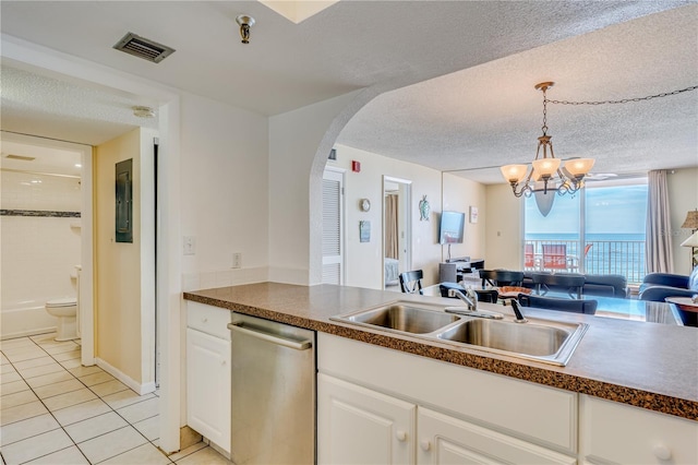 kitchen with dishwasher, sink, a chandelier, decorative light fixtures, and light tile patterned flooring