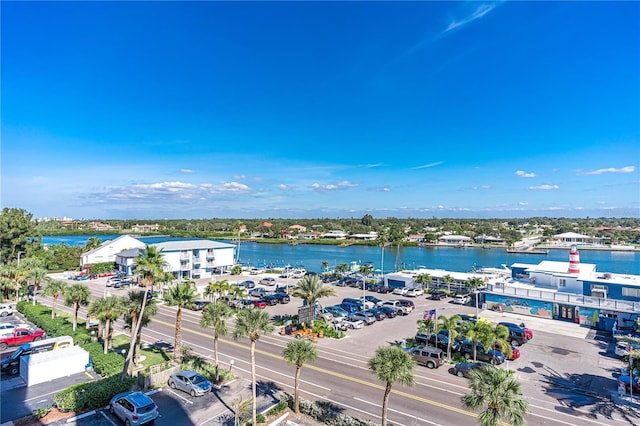 drone / aerial view with a water view