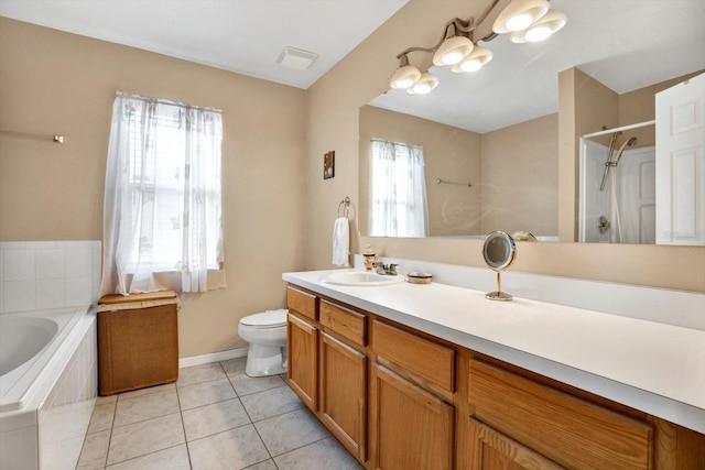 full bathroom featuring tile patterned flooring, vanity, toilet, and independent shower and bath