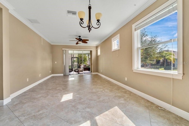 unfurnished room with ceiling fan with notable chandelier and crown molding