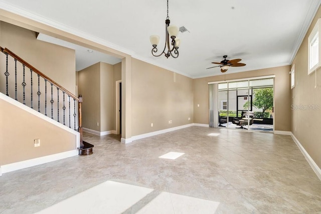 empty room featuring ceiling fan with notable chandelier and ornamental molding