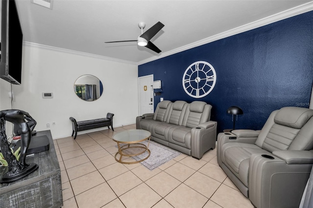 tiled living room featuring crown molding and ceiling fan