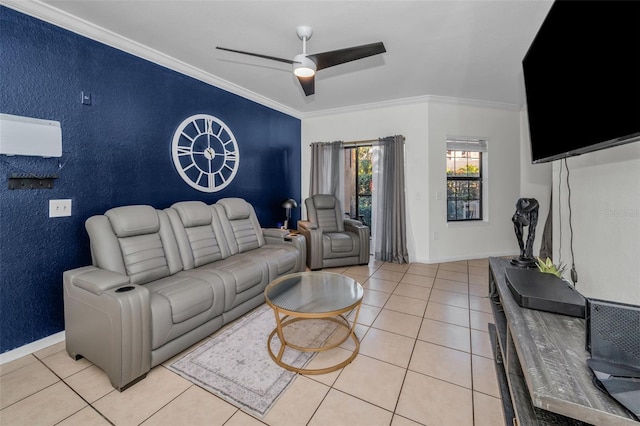 tiled living room with ceiling fan and ornamental molding