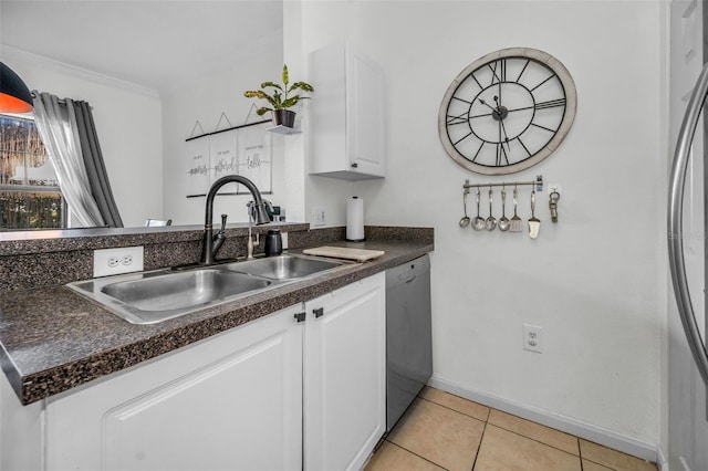 kitchen with white cabinets, light tile patterned floors, stainless steel appliances, and sink