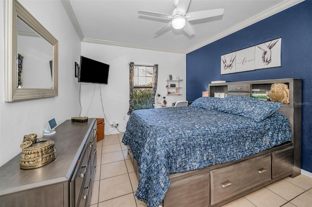 bedroom with ceiling fan, ornamental molding, and light tile patterned flooring