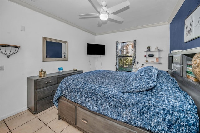 bedroom featuring ceiling fan, crown molding, and light tile patterned flooring