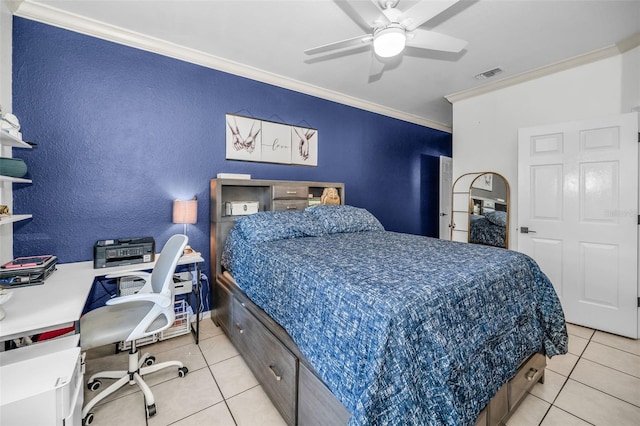 tiled bedroom featuring ceiling fan and ornamental molding