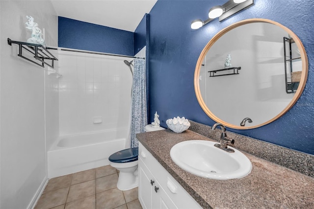 full bathroom with tile patterned floors, shower / bath combination with curtain, toilet, and vanity